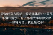 爱游戏官方网站｜爱游戏体育app里那条盘口提示，配上那组大小球数突然一致得离谱，我直接收手！